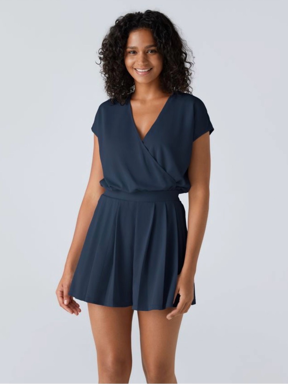 Halara V Neck Short Sleeve Pocket Waffle Casual Romper Blue NEW Large L